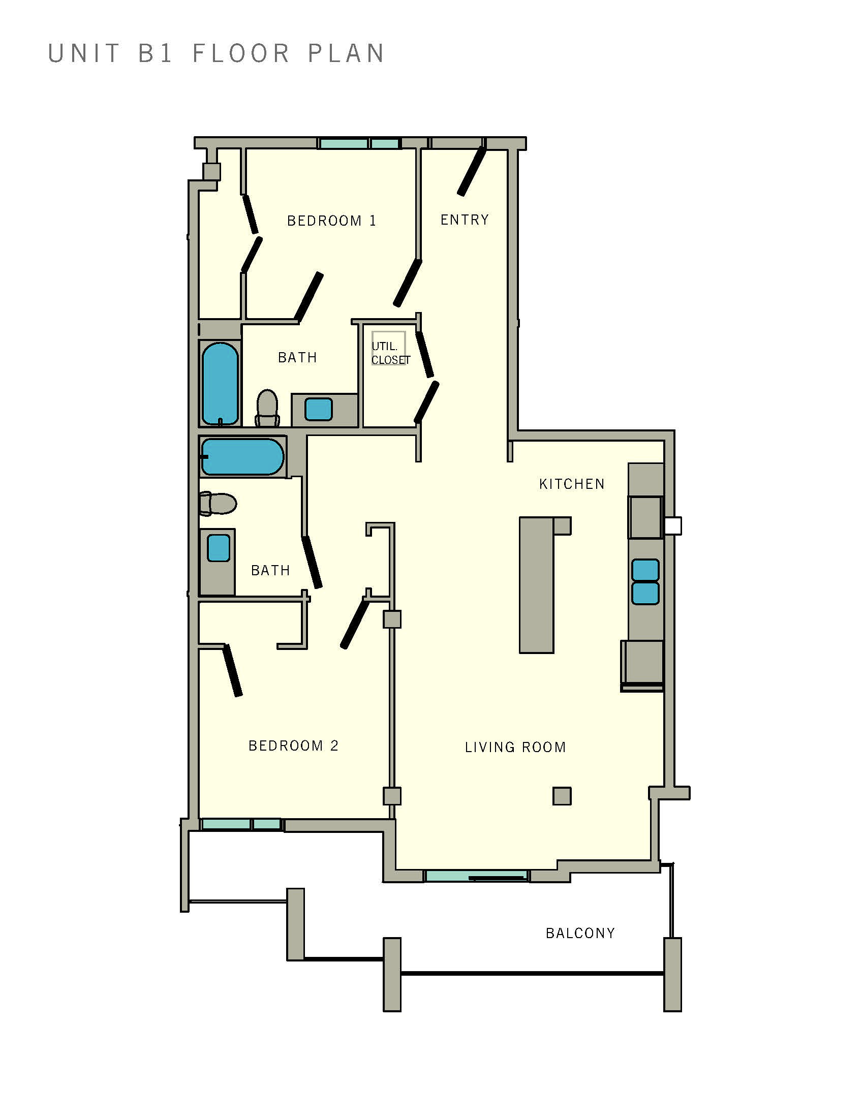 Floor plan for 2 beds, 2 baths, 999 sqft